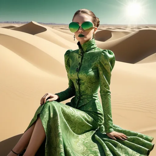 Prompt: An abstract of a beautiful damask woman with elements of avant-
garde fashion in green that embellish her. She’d got sunglasses on and a nose pin. She’s got the ability to manipulate sand with her hands and she sits in a desert. The background of the image is DESERT DUNES that are IN reflective Metals That catch the sunlight and reflect. 