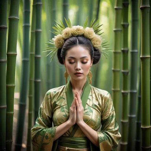 Prompt: Create a portrait of a beautiful damask woman in a bamboo forest. She is dressed in avant-garde green and gold garments made of layers of tulle and silk, designed with dramatic, bamboo shapes and textures that suggest motion. The woman is meditating, her posture and the sculptural flow of her garments capturing a sense of swift, artistic motion. The setting is includes dappled light filtering through the bamboo stalks and touching her face and hair, enhancing the dramatic interplay of light and shadow across her body and dynamic outfit