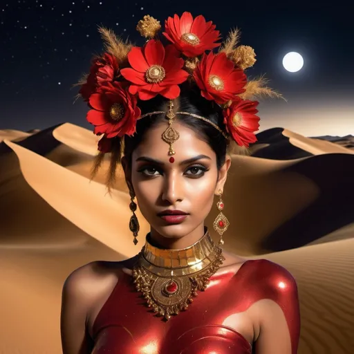 Prompt: An abstract of a beautiful Indian model with elements of avant-
garde fashion in red and gold that embellish her. She has flowers in avant garde fashion on her hair. The background of the image is DESERT DUNES that are IN reflective Metals That catch the midnight moonlight and reflect in sparkling light