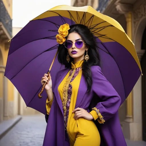 Prompt: An abstract of a beautiful Persian model with elements of avant-
garde fashion in purple and yellow that embellish her in baroque style. She has flowing ebony hair. She’s holding an umbrella like a walking stick and has on big round sunglasses