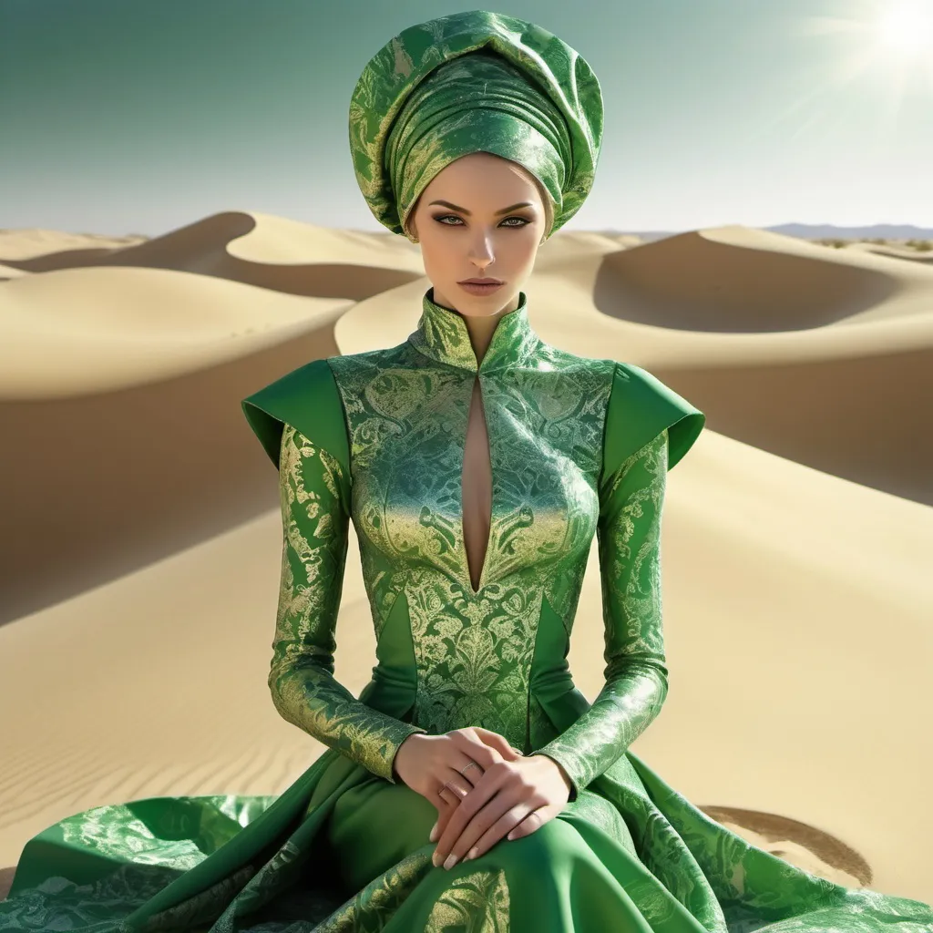 Prompt: An abstract of a beautiful damask woman with elements of avant-
garde fashion in green that embellish her. She’s got the ability to manipulate sand with her hands and she sits in a desert. The background of the image is DESERT DUNES that are IN reflective Metals That catch the sunlight and reflect. 