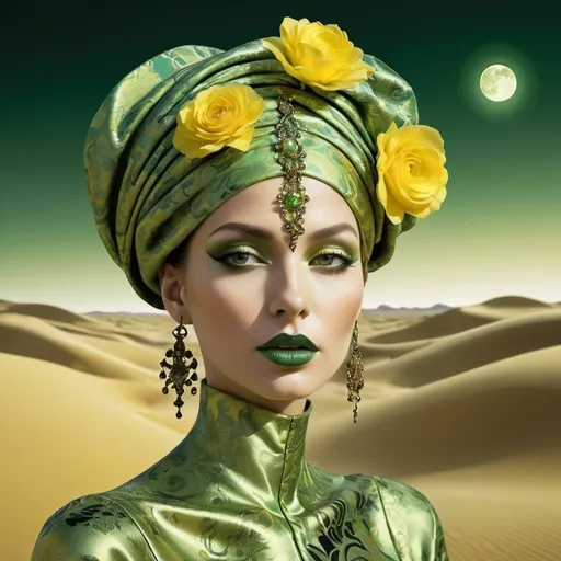 Prompt: An abstract of a beautiful damask woman with elements of avant-
garde fashion in green and yellow that embellish her. She has flowered in avant garde fashion on her head and a nose pin. The background of the image is DESERT DUNES that are IN reflective Metals That catch the moonlight and reflect. 