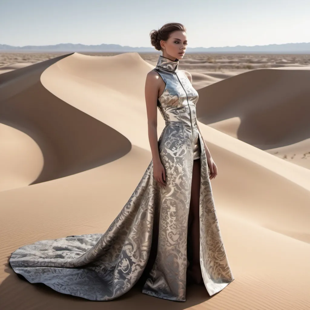 Prompt: A photoshoot of a beautiful damask woman with elements of avant-
garde fashion that embellish her. The backdrop is DESERT DUNES IN reflective metallics  with  the  ABILITY TO MANIPULATE SAND.