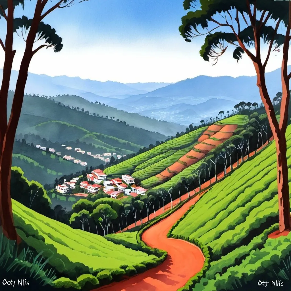 Prompt: A scenic gouache painting of ooty Nilgiris
