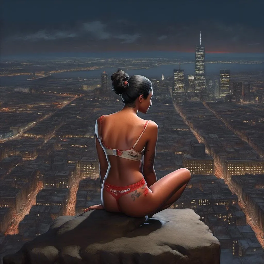 Prompt: A  Frank Frazetta's photorealistic artwork of <mymodel> in  sitting on a ledge overlooking the night city lights