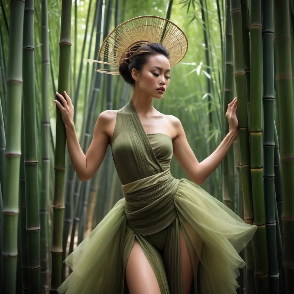 Prompt: Create an image of a woman in a dense bamboo forest, embodying the essence of nature and avant-garde fashion. She is dressed in avant-garde garments made of layers of tulle and silk, designed with dramatic, unconventional shapes and textures that suggest motion. These layers should feature bold, structural designs, incorporating both organic and geometric elements that mimic the vertical lines and organic forms of the bamboo. The colors of her attire are earthy yet striking, with shades that contrast yet complement the green hues of the bamboo. The woman moves with enhanced agility and speed, her posture and the sculptural flow of her garments capturing a sense of swift, artistic motion. The setting is mystical and serene, with dappled light filtering through the bamboo stalks, enhancing the dramatic interplay of light and shadow across her dynamic outfit