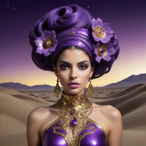 Prompt: An abstract of a beautiful Persian model with elements of avant-
garde fashion in purple and gold that embellish her in baroque style. She has flowers in avant garde fashion on her hair. The background of the image is DESERT DUNES that are IN reflective Metals That catch the midnight moonlight and reflect in sparkling light