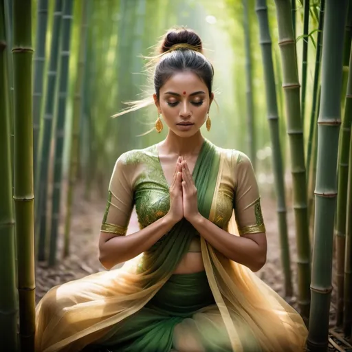 Prompt: Create a portrait of a beautiful Indian woman in a bamboo forest. She is dressed in avant-garde green and gold garments made of layers of tulle and silk, designed with dramatic, bamboo shapes and textures that suggest motion. The woman is meditating, her posture and the sculptural flow of her garments capturing a sense of swift, artistic motion. The setting is includes dappled light filtering through the bamboo stalks and touching her face and hair, enhancing the dramatic interplay of light and shadow across her body and dynamic outfit