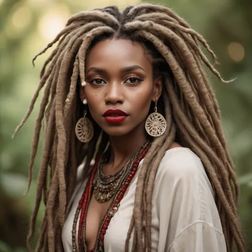 Prompt: An exquisite photoshoot of a porcelain skinned model with thick dreadlocks. She has glowing skin and is dressed in earthy tones. She has on red lipstick and she looks magical. the image evokes a sense of mysticism. the background is not in focus so the whole focus is on the model