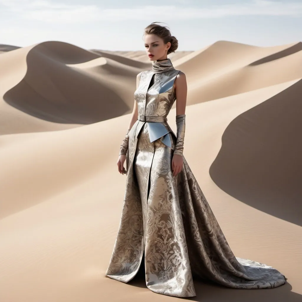 Prompt: A photoshoot of a beautiful damask woman with elements of avant-
garde fashion that embellish her. The backdrop is DESERT DUNES IN reflective metallics  with  the  ABILITY TO MANIPULATE SAND.