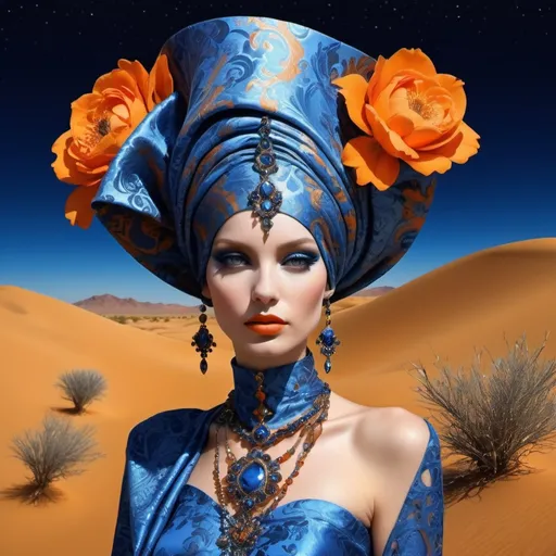 Prompt: An abstract of a beautiful damask woman with elements of avant-
garde fashion in orange and blue that embellish her. She has flowers in avant garde fashion on her head. The background of the image is DESERT DUNES that are IN reflective Metals That catch the midnight moonlight and reflect in sparkling light