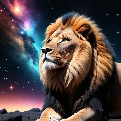 Prompt: (male lion) gazing (intently) into a vast galaxy filled with (twinkling stars) and vibrant (colorful planets), surrounded by a mesmerizing (inky black void), capturing a sense of wonder and awe. The scene is illuminated by a serene glow, creating a cinematic atmosphere, emphasizing the majesty of the lion in this cosmic exploration. 4K, ultra-detailed, surreal beauty.