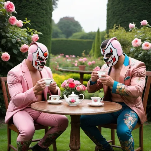 Prompt: luchadors drinking tea in english rose garden