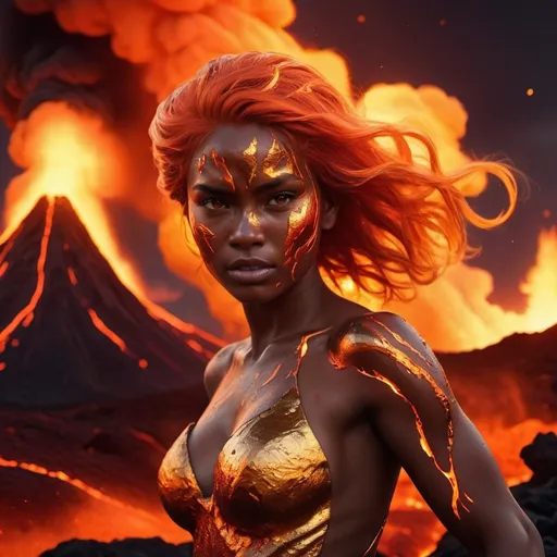 Prompt: gold skin woman in lava. flame hair. night sky. intense. victorious. volcanos