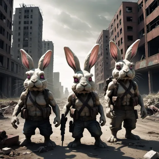 Prompt: mutant bunnies in post-apocalypse wasteland. cityscape