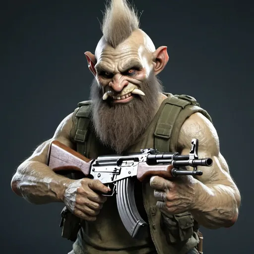 Prompt: a troll with a beard is holding an AK 47