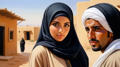 Prompt: Young Arab women, oil painting, hyper realistic, high details, symmetric, perfect eyes, perfect hair, gorgeous, beautiful, dark black eyes, black hair, tan skin, traditional clothing, hijab, talking to her dad in front of there house in desert village in arabia, biblic time