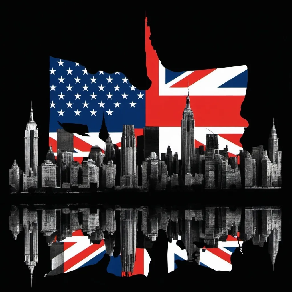 Prompt: US flag and UK flag combined into one behind black silhouette of New York City skyline 
