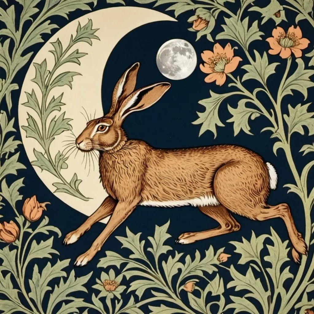 Prompt: William Morris, textile design, flat illustration, ornamental aesthetic, hare and moon.