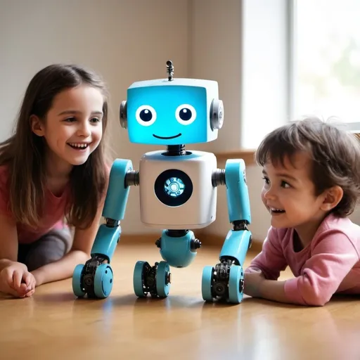 Prompt: generate a happy little robot, playing with kids