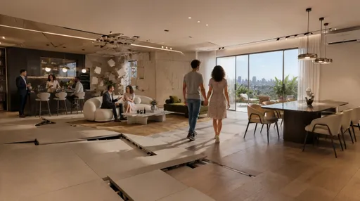 Prompt: Do not change anything about the couple walking in the middle, refine it with the appearance of the couple shown in reference 2. If possible, add guests sitting and talking on the couch/in the kitchen.
