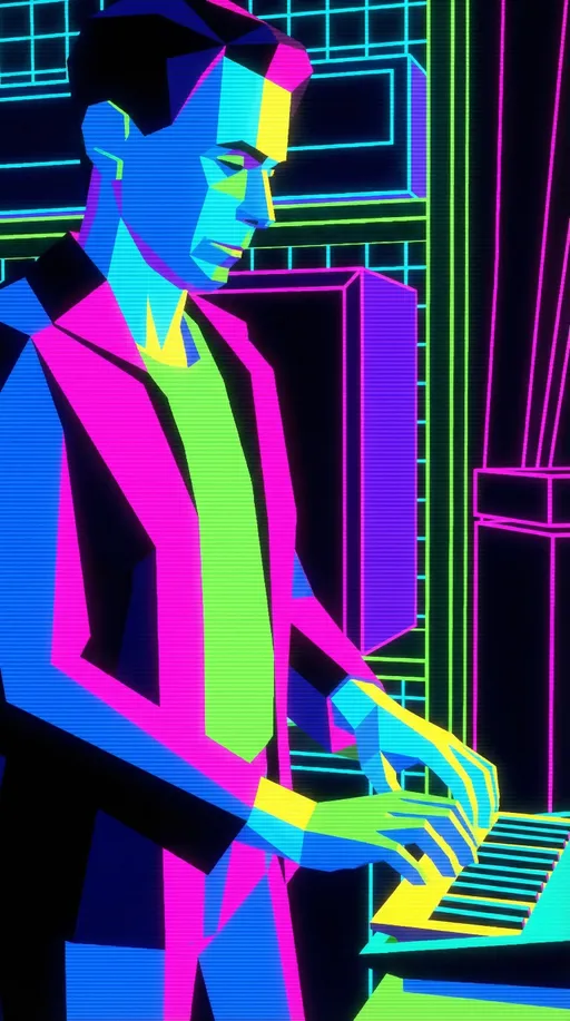 Prompt: retro 1983-style 3D computer animation inspired by the 'Money for Nothing' music video. The subjects from the reference image are transformed into blocky, low-poly geometric characters with flat shaded surfaces. The color palette is composed of bright, neon-saturated primary colors like electric blue, hot pink, and lime green. The scene features glowing neon wireframe grids in the background and visible digital artifacts like scan lines and chunky pixels. High-contrast lighting with simple, primitive digital shadows. The overall aesthetic is 'early CGI'—intentionally clunky, nostalgic, and robotic