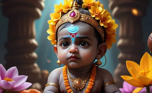 Prompt: 8k, ultra high resolution, best quality, masterpiece, realistic, photorealistic, super detail, hyperrealistic, baby Lord Rama, baby form, bloom, film light, surrealism, hyperrealistic lighting, detailed features, vibrant colors, divine atmosphere