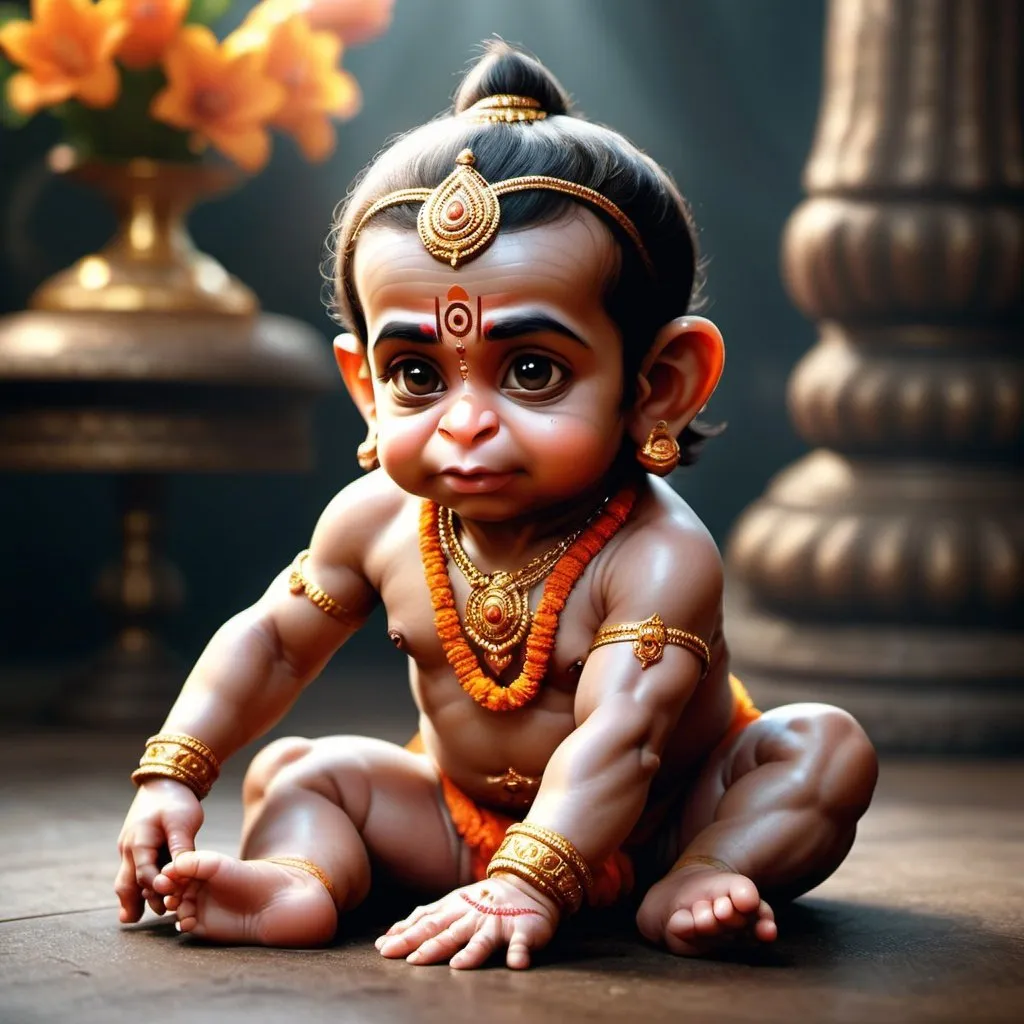 Prompt: 8K, Ultra High Resolution, Best Quality, Masterpiece: 1.1), (Realistic, Photorealistic: 1.1), Super Detail, Bloom, Film light ,best image ever created create the image of baby lord hanuman bajrangbali bowing down to lord rama in a hyperrealistix image both in a baby form
