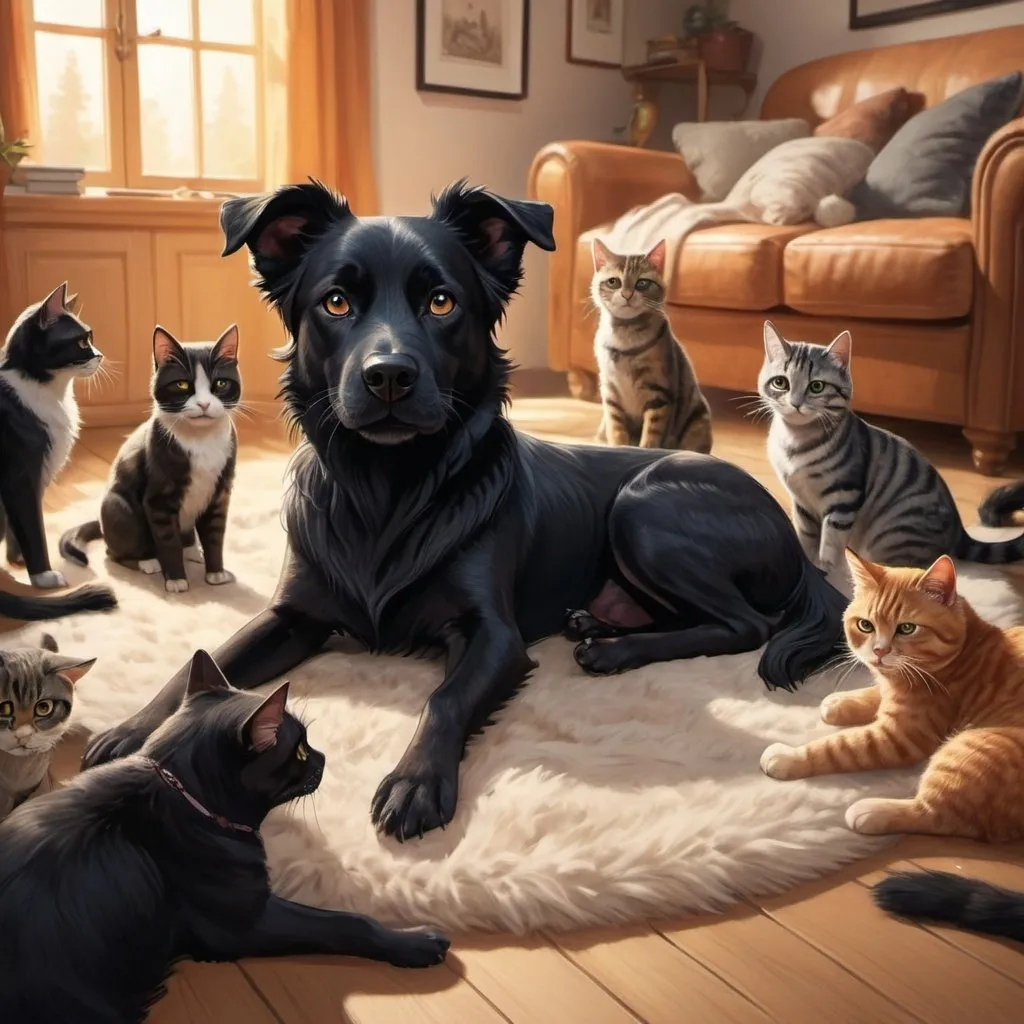 Prompt: High-quality illustration of a black dog surrounded by playful cats, realistic fur textures, warm and cozy atmosphere, detailed eyes, professional, warm-toned, detailed fur, playful cats, cozy setting, highres, warm lighting