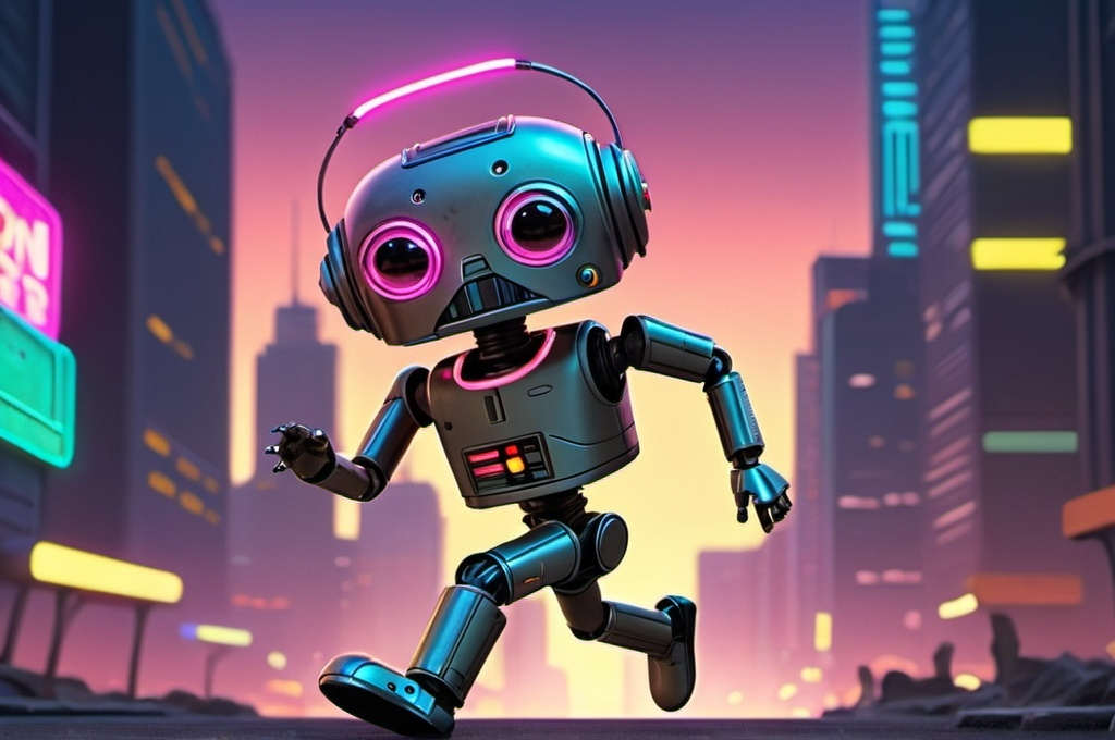 Prompt: Animated droid wearing a headband jogging in front of a neon cityscape