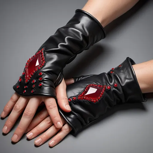 Prompt: a soft pair of fingerless gloves made from supple black leather. The edges of the gloves are neatly stitched. Each glove features a small, polished ruby embedded in the back of the hand, glowing faintly like a candle flame when the wearer receives damage.