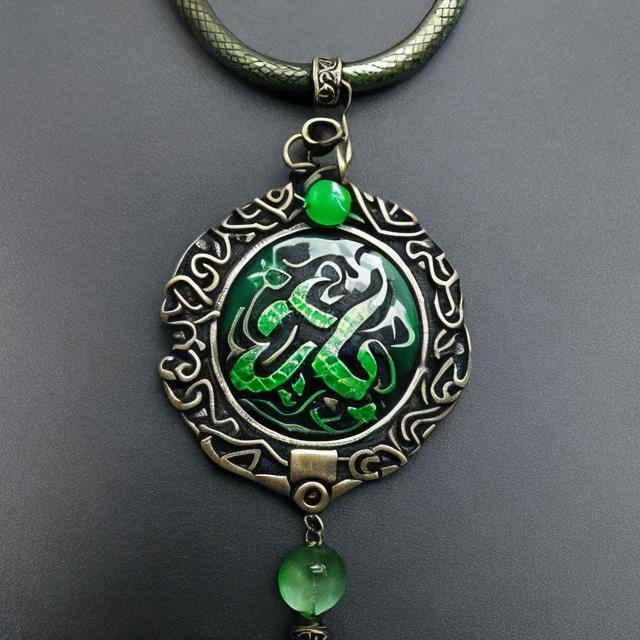 Prompt: Green talisman with a snake design, hanging from a green metal chain.