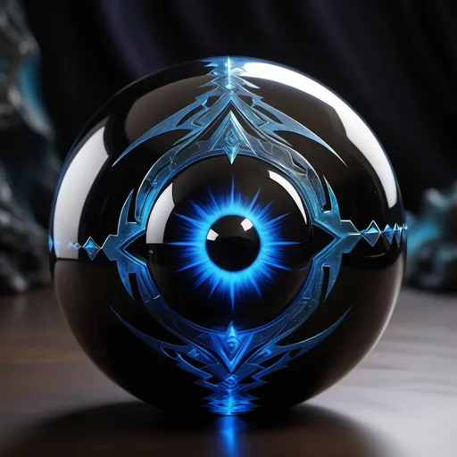 Prompt: The Gatekeeper’s Eye is a smooth, 15-centimeter black obsidian orb, adorned with glowing blue runes that shift and reconfigure. At its center lies a swirling, deep-blue eye, resembling a portal lens made of dimensional shards and arcane metals. When active, the Eye ripples like liquid glass, displaying a kaleidoscope of colors.