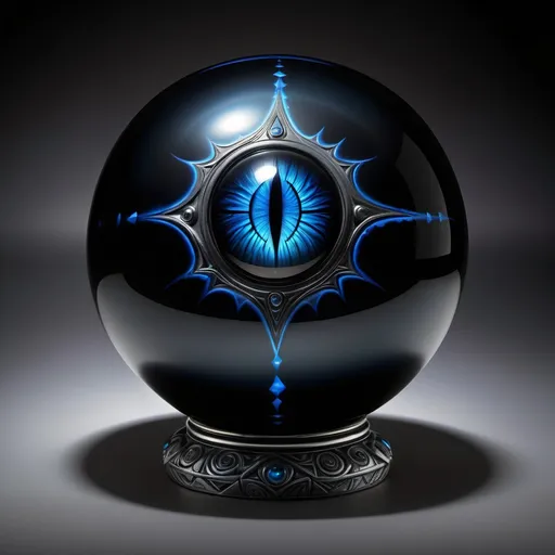 Prompt: The Gatekeeper’s Eye is a smooth, 15-centimeter black obsidian orb, adorned with glowing blue runes that shift and reconfigure. At its center lies a swirling, deep-blue eye, resembling a portal lens made of dimensional shards and arcane metals. When active, the Eye ripples like liquid glass, displaying a kaleidoscope of colors.