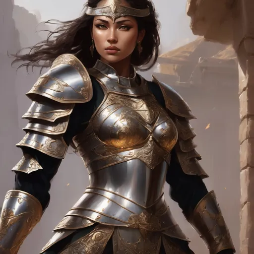 Prompt:  a captivating female warrior general exuding beauty and strength. She wears a magnificent full plate armor suit that accentuates her powerful and elegant stature. The armor should be intricately designed with ornate details, reflecting her high rank and authority. Equip her with a formidable and artistically crafted large axe, suggesting both grace and lethal prowess. Ensure her posture conveys confidence, and the overall composition radiates a sense of command and warrior grace. Pay special attention to facial features, portraying a strikingly beautiful countenance that contrasts with the fierceness of battle. Use lighting and details to enhance the visual impact, creating an image that captures the essence of a formidable and stunning female warrior general.