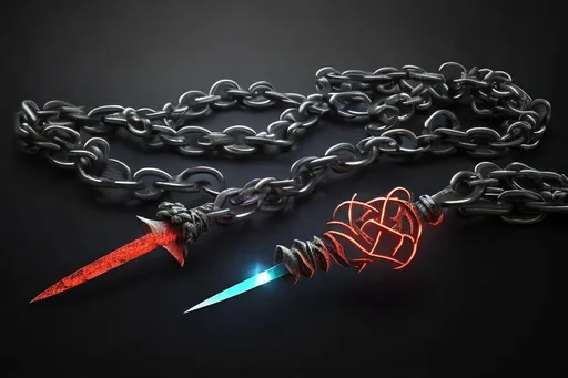 Prompt: Glowing Barbed kunai with chain, hyperrealistic, oriental, fantasy, legendary, magical