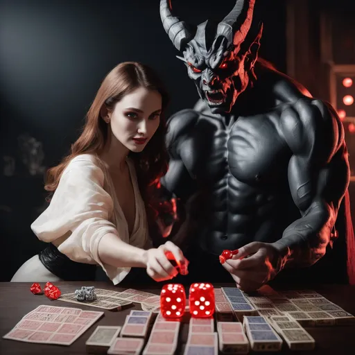 Prompt: A beautiful woman and a demon trading lucky dice with each other