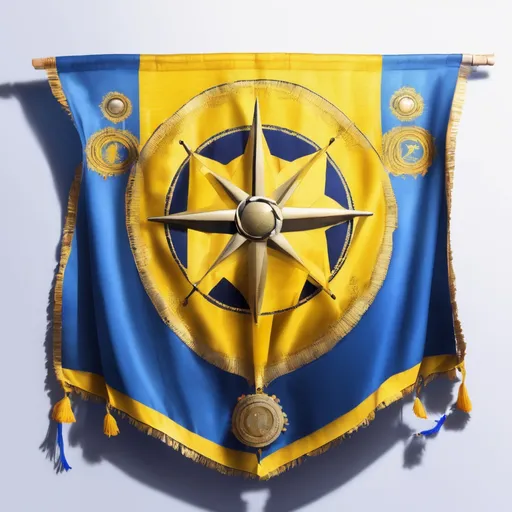 Prompt: A cloth banner carried as a flag. The tablard is yellow and blue, with a sun logo in the middle. Adorned with golden threading.