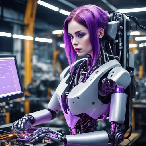Prompt: a beautiful female robot mechanic with purple hair, working on a large machine