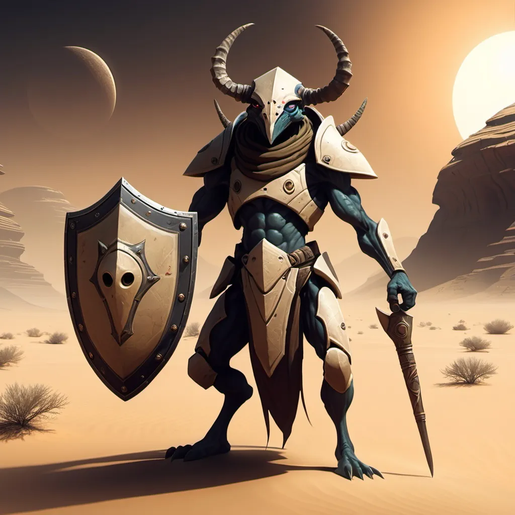 Prompt: A thri-kreen wielding a 1H weapon and a shield, standing in the deserts of the Dark Sun world