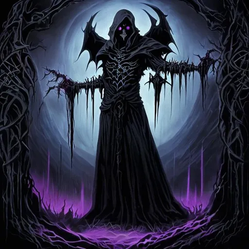 Prompt: Create an eerie and ominous banner for the infamous Necrothorn Darkbane, a malevolent spellcaster with necrotic powers. Incorporate symbols of death, darkness, and corruption, using deep purples, blacks, and blood-red accents. Convey a sense of foreboding and evil through the central motif, such as a twisted thorn or a skeletal hand emerging from the shadows. The banner should inspire fear and awe, representing Necrothorn's dark influence.