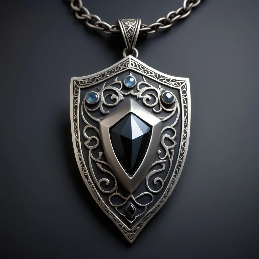 Prompt: n amulet that hangs from a chain of darkened steel. The center features a large, faceted obsidian gem with a polished finish. Surrounding the gem are patterns of silver filigree engraved with arcane symbols that pulse with a bluish light. The amulet is shaped like a shield and rests against the chest of the wearer. The edges are adorned with small sapphires.