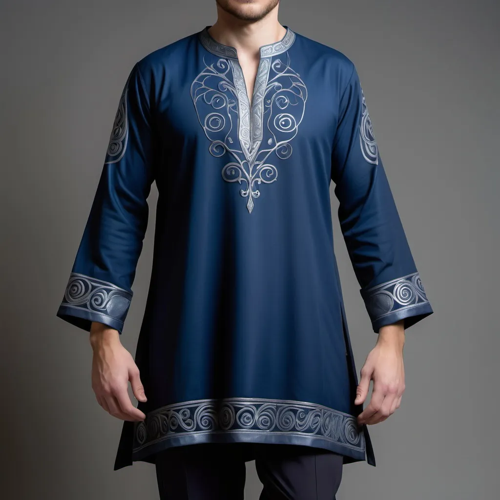 Prompt: The Tunic of Vitality is made from deep blue fabric with a slight sheen. The fabric has a subtle green undertone that catches the light. It features silver embroidery along the sleeves and hem, depicting swirling patterns. A small emblem resembling a tree is embroidered in silver thread on the left side of the chest. The tunic is tailored to fit snugly against the body.