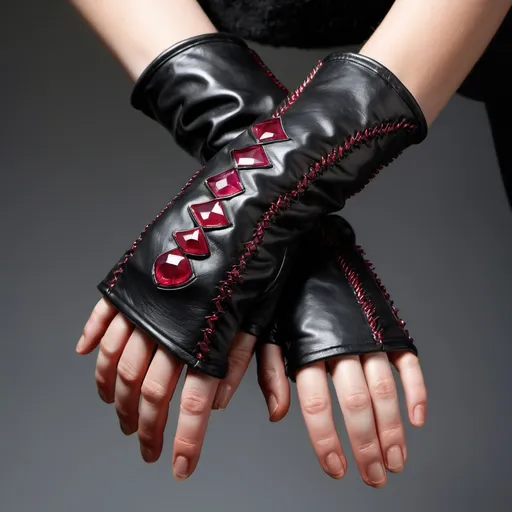 Prompt: a soft pair of fingerless gloves made from supple black leather. The edges of the gloves are neatly stitched. Each glove features a small, polished ruby embedded in the back of the hand, glowing faintly like a candle flame when the wearer receives damage.