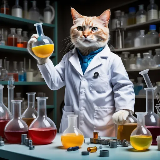 Prompt: In this playful scene, the cat, clad in a lab coat, stands authoritatively in the middle of a cluttered laboratory, holding a flask filled with an unusual concoction that emits a faint cheesy aroma. The cat’s eyes are wide with determination as it clutches the flask close, emphasizing the seriousness of its scientific endeavors. On the other side of the table, a curious mouse peers up, one eyebrow raised in skepticism. The mouse, with an air of mischievous curiosity, questions the cat’s intentions, suggesting that perhaps the experiment is less about scientific discovery and more about a delicious meal. This humorous exchange underscores the perpetual cat-and-mouse dynamic, blending science with classic cartoon antics in their ongoing escapades.
