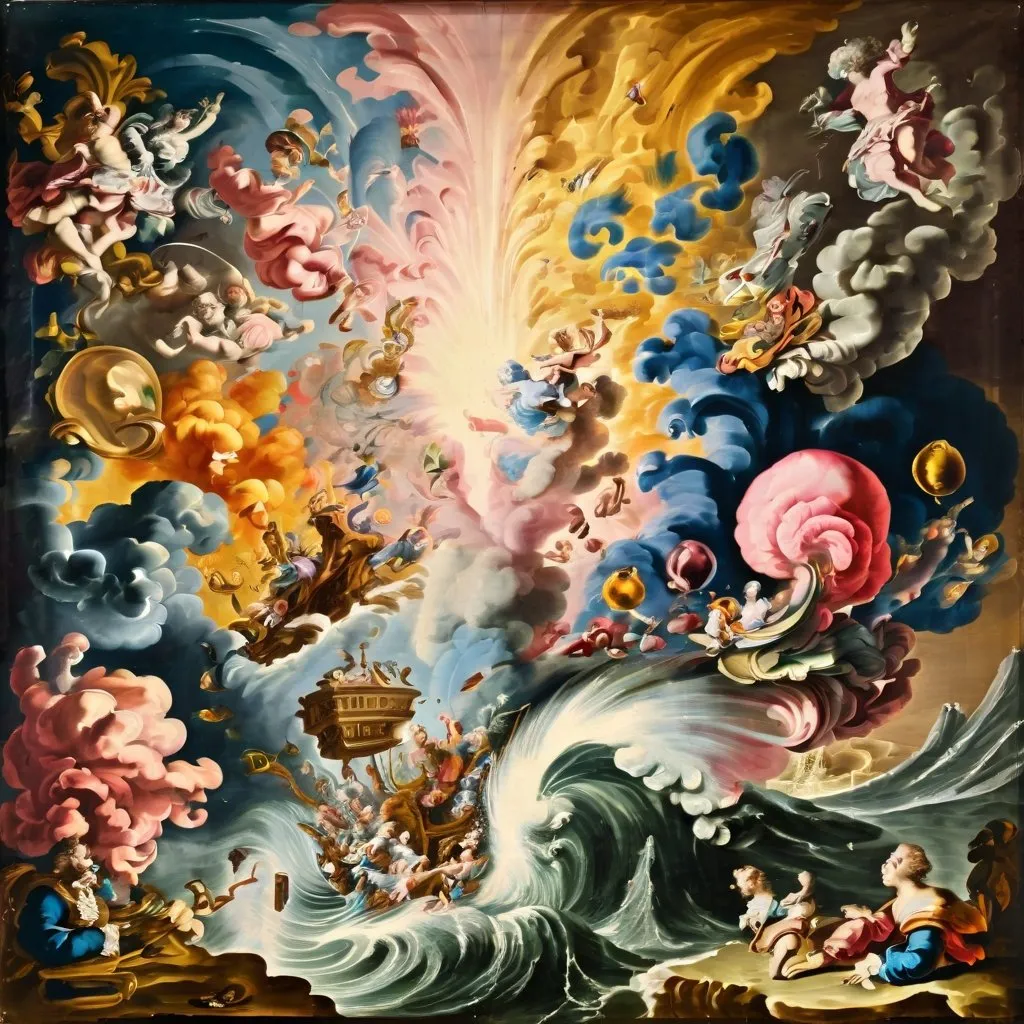 Prompt: craziest depiction of an acid trip with splashes and waves of sound and colors, depicted during the baroque era