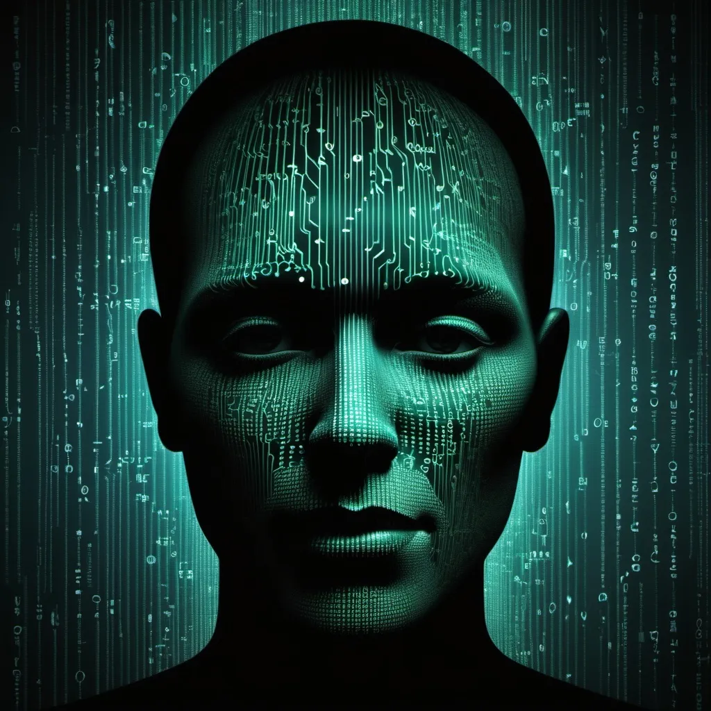 Prompt: depict the silhouette of a face and fill it with matrix like code but the code is filled with synthesizer waves