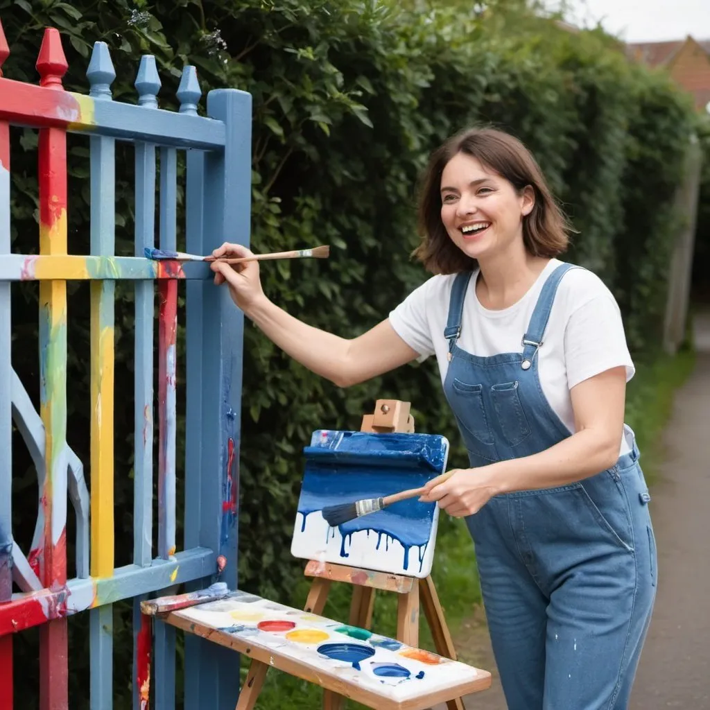 Prompt: woman wearing denim dungarees and happily painting a gate while dancimg.