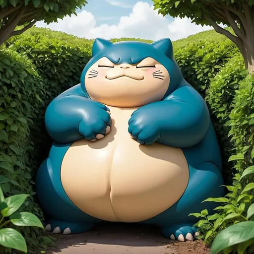 Prompt: An overweight snorlax Pokémon is stuck in a Hedge or bush. Part of its body is hidden by the hedge. Cartoon style