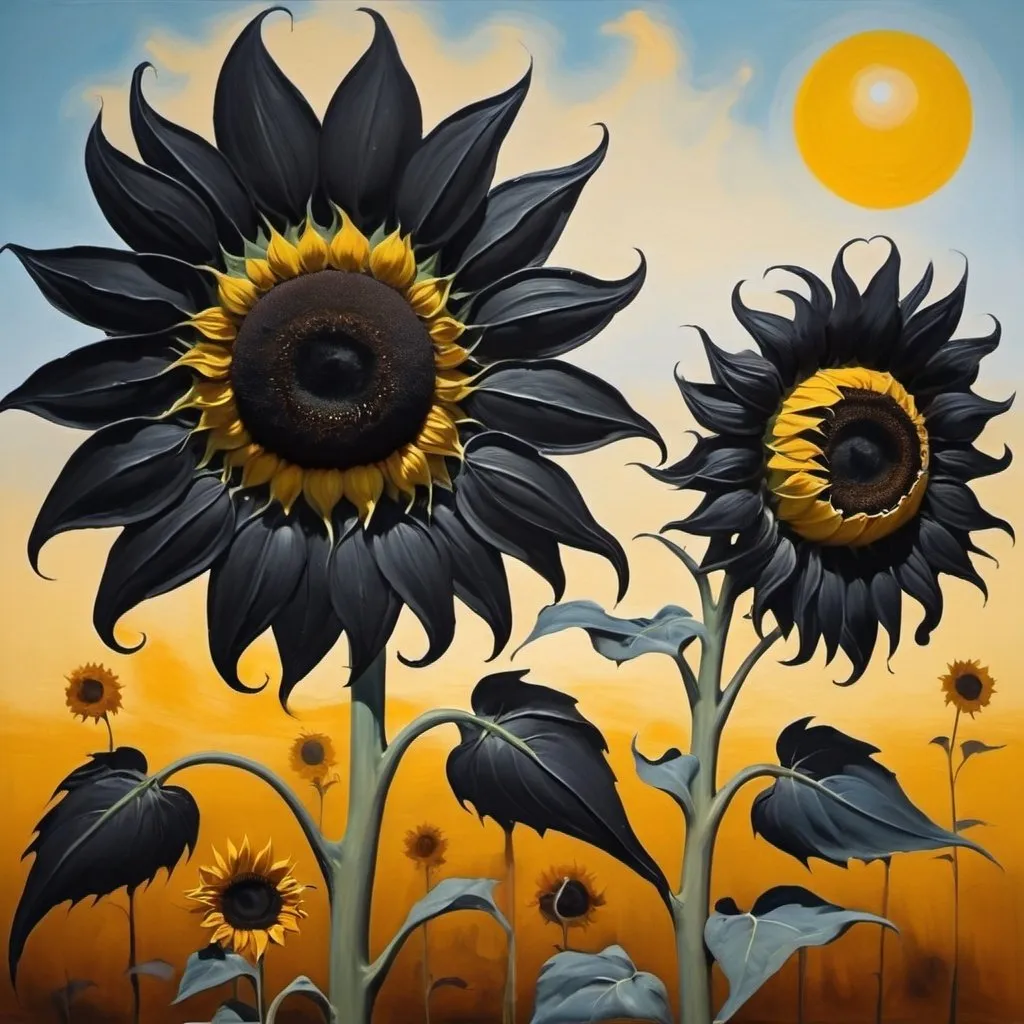 Prompt: Black sunflowers painted like a Salvadore Dali painting 